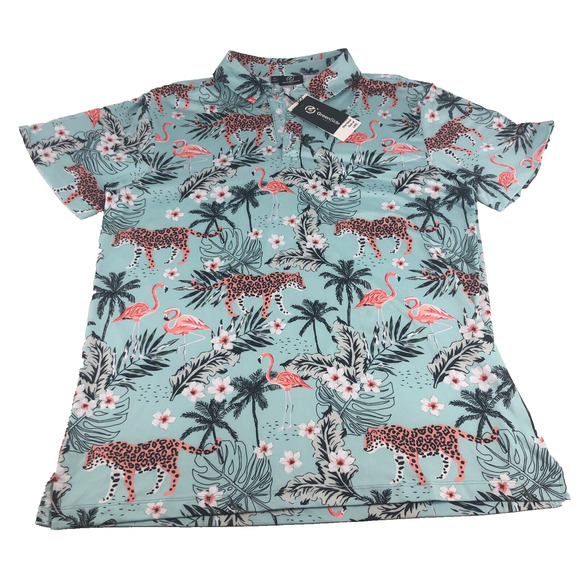 Greenside Golf Men's Polo Shirt African Oasis Medium Cheetah Flamingo Tropical - Picture 1 of 16